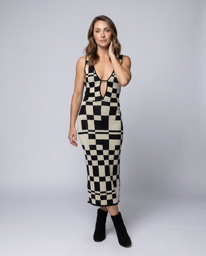 Damen Maxikleid mit tiefem V-Ausschnitt und geometrischem Karomuster