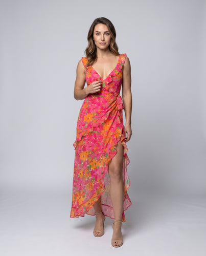Damen Maxikleid mit verspieltem Volant und floralen Muster