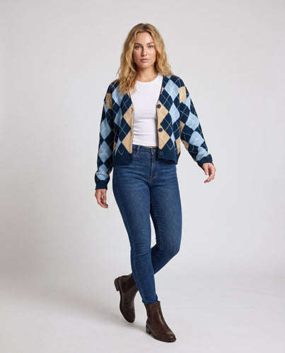 Damen modischer argyle Strickcardigan mit vorderer Knopfleiste und lässigem Schnitt