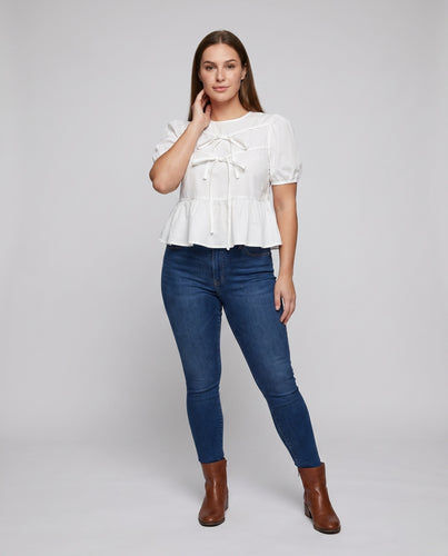 Damen Rüschenshirt mit dekorativem Kordelzug und Puffärmeln