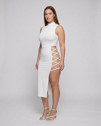 Damen schulterfreies Maxikleid mit raffinierten Cut-Outs und asymmetrischem Schnitt