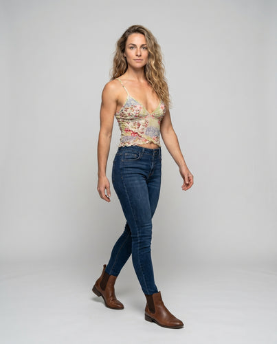 Damen Spaghettiträger-Bluse mit romantischem Blumenmuster und gewelltem Saum