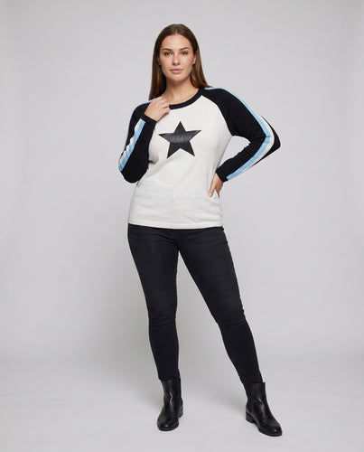 Damen sportlicher Sweatshirt mit dekorativem Sternenmuster und kontrastierenden Ärmelstreifen