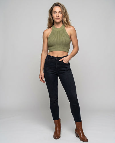 Damen sportliches Häkel-Crop-Top mit chicer Rippstruktur