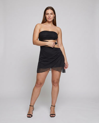 Damen strapazierfähiges Wickelkleid mit transparentem Material und asymmetrischem Schnitt