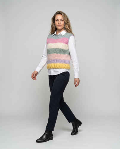 Damen Strickärmel-Latzpullover mit buntem Streifenmuster
