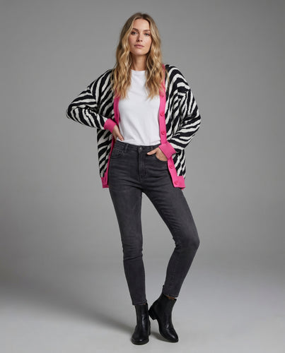 Damen Strickcardigan mit animalischem Muster und leuchtendem Kontrast von