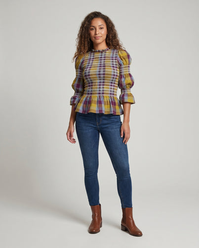 Damen Blusenshirt mit einzigartigem Smokedesign und eleganten Puffärmeln R&B