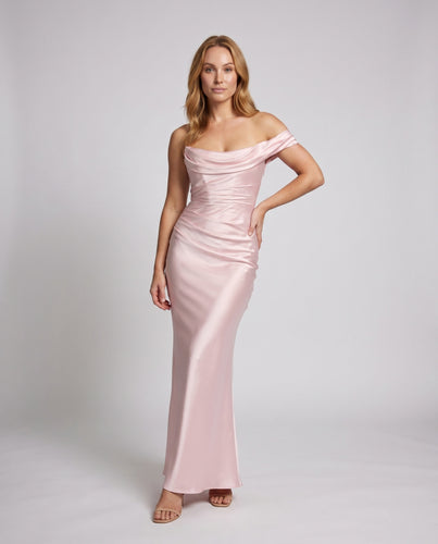 Damen Elegantes Abendkleid mit schulterfreiem Design und fließendem Satin R&B