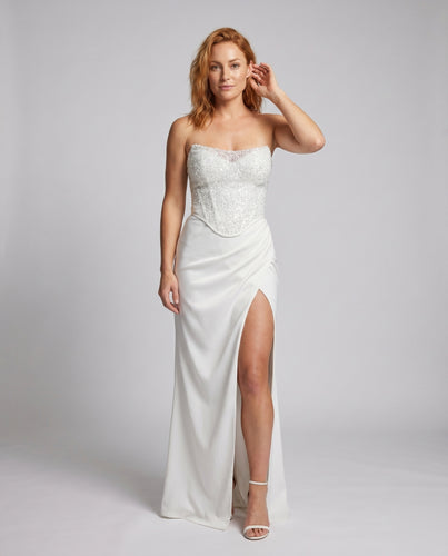 Damen Elegantes Abendkleid mit transparentem Oberteil und seitlichem Schlitz R&B