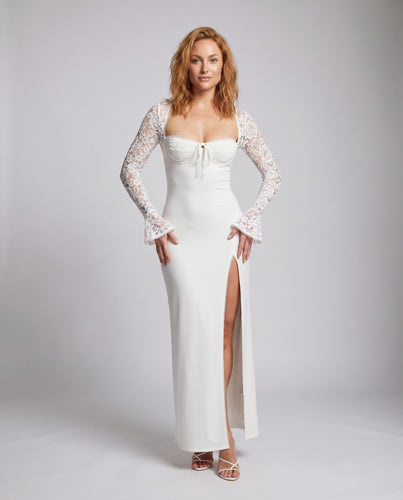 Damen Elegantes Abendmaxikleid mit tiefem V-Ausschnitt und transparenten langen Ärmeln R&B