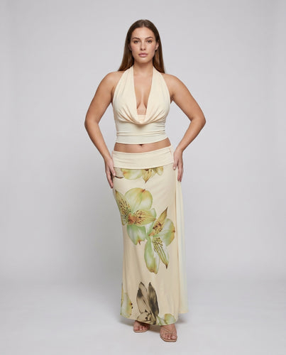 Damen Elegantes Crop-Top und Maxirock-Set mit floralem Design R&B