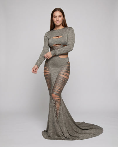 Damen Elegantes Cut-Out Maxikleid mit langem Arm und figurbetontem Schnitt R&B