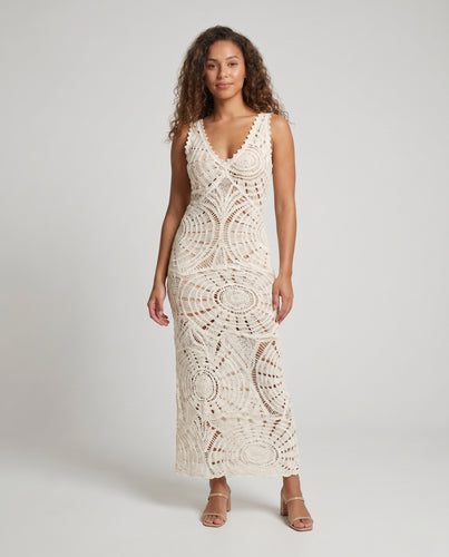 Damen Elegantes Häkelkleid mit tiefem V-Ausschnitt und seitlichen Einsätzen R&B