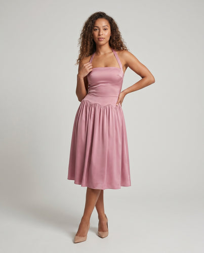 Damen elegantes Halterkleid mit fließendem Rock und hochgeschlitztem Design R&B