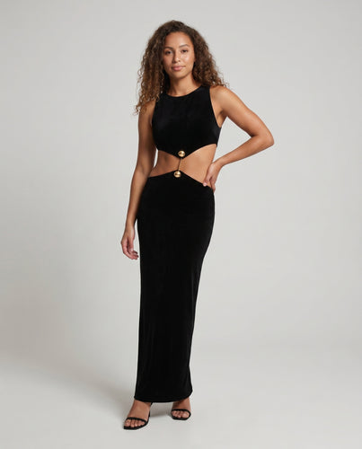 Damen Elegantes Maxikleid mit hoch geschnittenem Oberteil und seitlichem Schlitz R&B