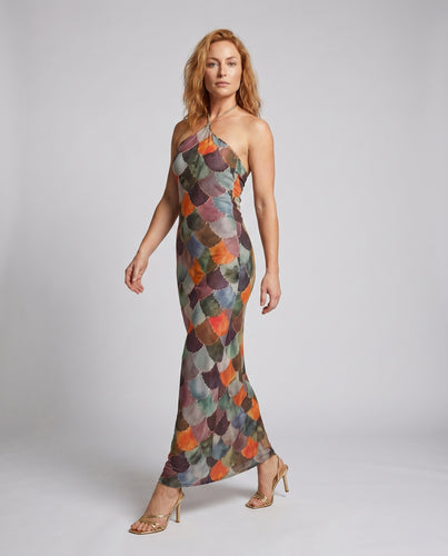 Damen Elegantes Maxikleid mit schulterfreiem Design und auffälligem Farbverlauf R&B