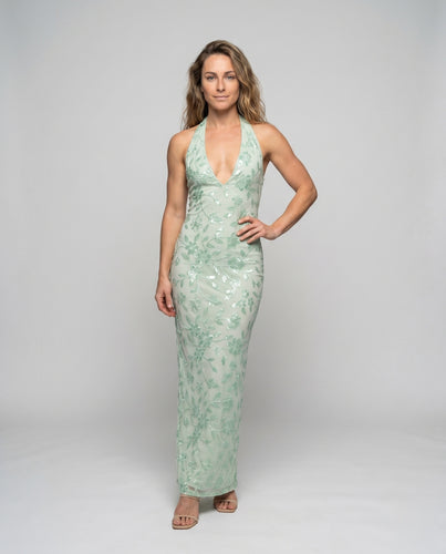 Damen Elegantes Maxikleid mit tiefem V-Ausschnitt und floralen Applikationen R&B