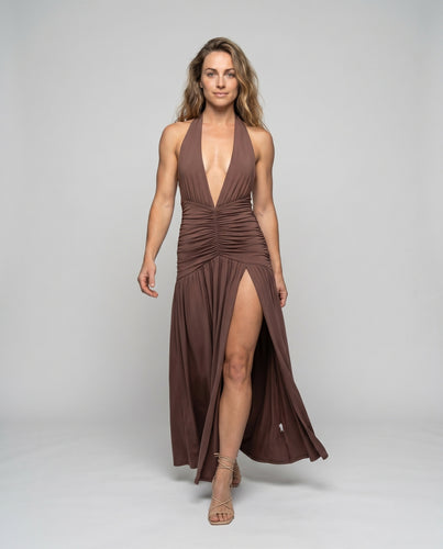 Damen Elegantes Maxikleid mit tiefem V-Ausschnitt und raffiniertem Drapé R&B