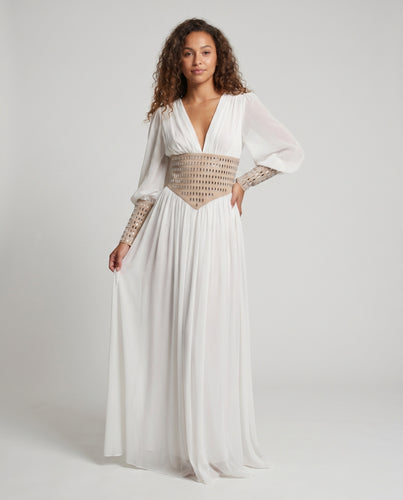 Damen Elegantes Maxikleid mit tiefem V-Ausschnitt und Rüschendetails R&B