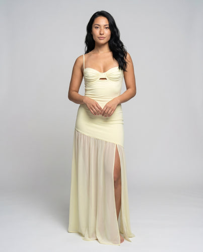 Damen elegantes Midikleid mit innovativem Ausschnitt und transparenter Stoffpartie R&B