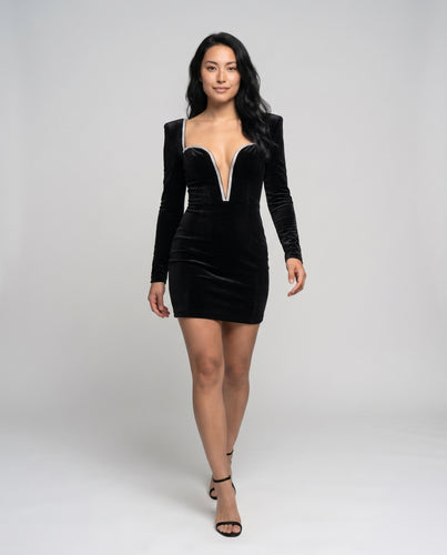 Damen Elegantes Minikleid aus Samt mit tiefem V-Ausschnitt und funkelnden Akzenten R&B