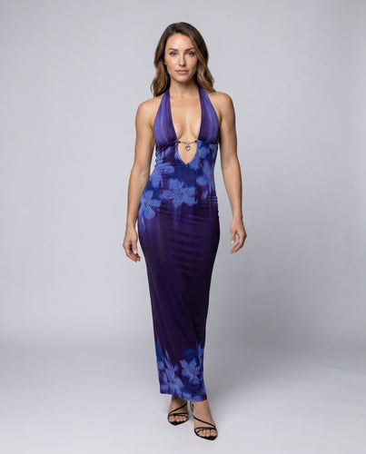 Damen Figurbetontes Maxikleid mit tiefem V-Ausschnitt und schimmernden Akzenten R&B