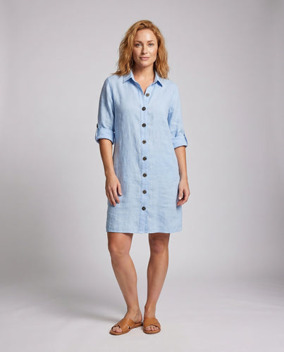 Damen Hemdblusenkleid aus leichtem Leinenstoff mit eleganten Knöpfen R&B
