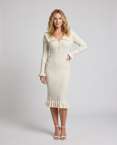 Damen Langarmkleid mit Rüschensaum und Knopfleiste R&B