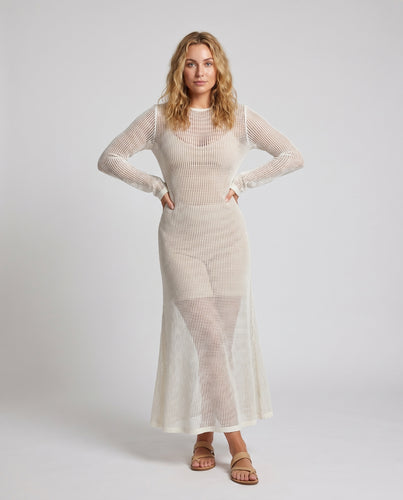 Damen Langer Strickkleid mit transparentem Design und eleganten langen Ärmeln R&B