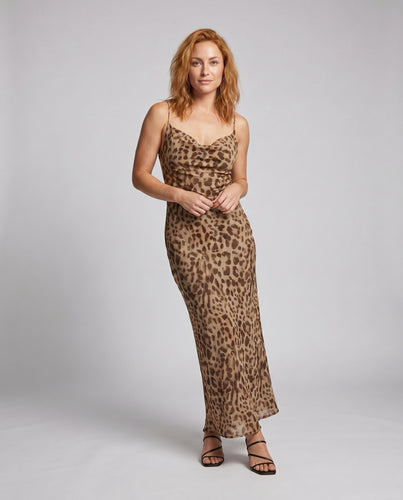 Damen Luxus Maxikleid mit elegantem Animal-Print und schmalen Trägern R&B