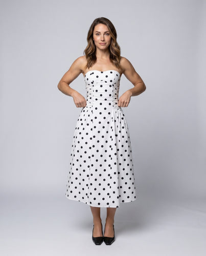 Damen Midikleid mit schulterfreiem Design und verspieltem Punktmuster R&B