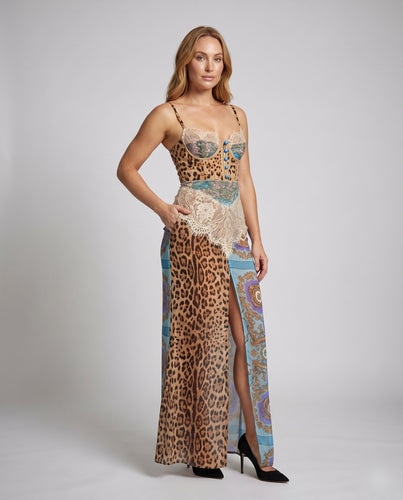 Damen Transparente Maxikleid mit raffinierter Spitzenverzierung und tierischem Muster R&B