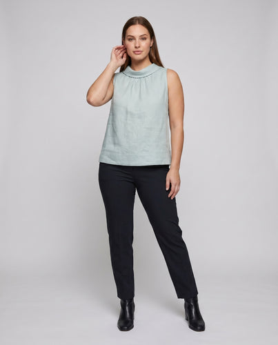 Damen ärmelloses Leinentop mit elegantem Stehkragen