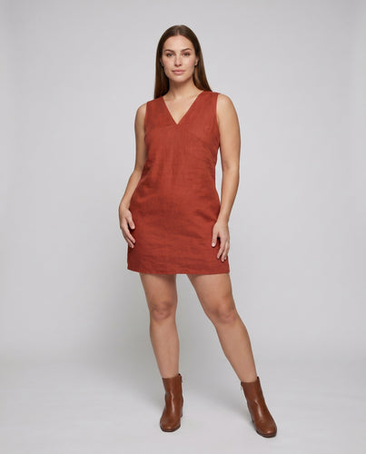 Damen elegantes Leinenkleid mit tiefem V-Ausschnitt und schlichtem Design