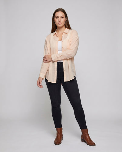 Damen lässige Leinenbluse mit feiner Knopfleiste und leicht transparenter Struktur