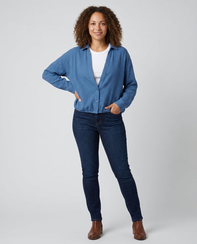 Damen lässige Leinenbluse mit verdeckter Knopfleiste und modernem Schnitt