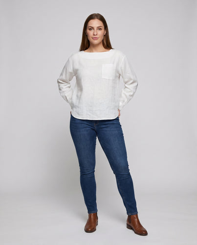 Damen Leinenoberteil mit lässigem Schnitt und aufgesetzter Tasche