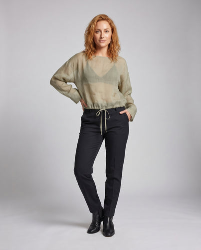 Damen lockeres Leinenoberteil mit Kordelzug und weitem Schnitt