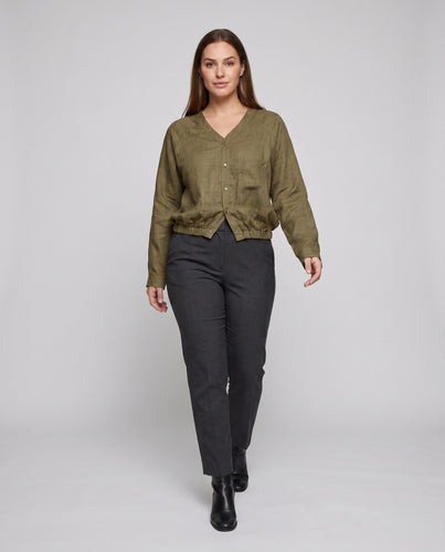 Damen luftige Leinenbluse mit elegantem V-Ausschnitt und lässigem Schnitt