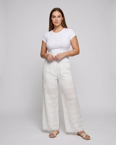 Damen luftige Palazzo-Hose aus hochwertigem Leinen mit gestickten Details