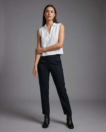 Damen luftiges Leinen-Top mit moderne Kragen und kurzen Ärmeln