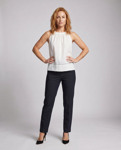 Damen luftiges Leinentop mit elegantem Stehkragen und feinen Details