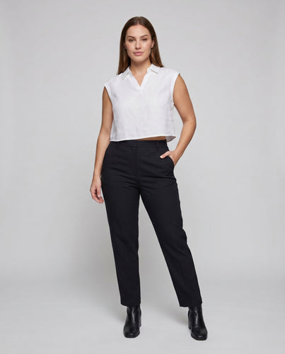 Damen modernes cropped Leinenoberteil mit klassischem Kragen und luftigen Ärmeln
