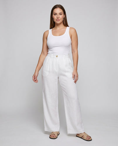 Damen weite Leinenhose mit elastischem Bund und seitlichen Taschen