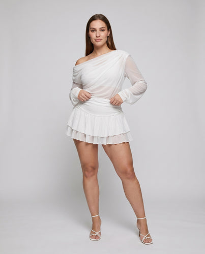 Damen elegantes, asymmetrisches Shirt mit Drapierung und Puffärmeln R&B