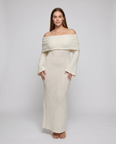 Damen elegantes Maxi-Kleid mit schulterfreiem Design und transparenten Akzenten R&B