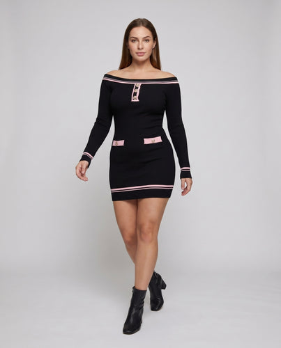 Damen figurbetontes Kleid mit schmalem Bootsausschnitt und dekorativen Knopfdetails R&B