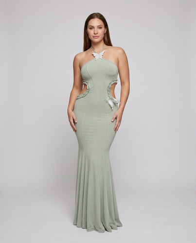 Damen figurbetontes Maxikleid mit transparenten Einsätzen und schulterfreiem Design R&B