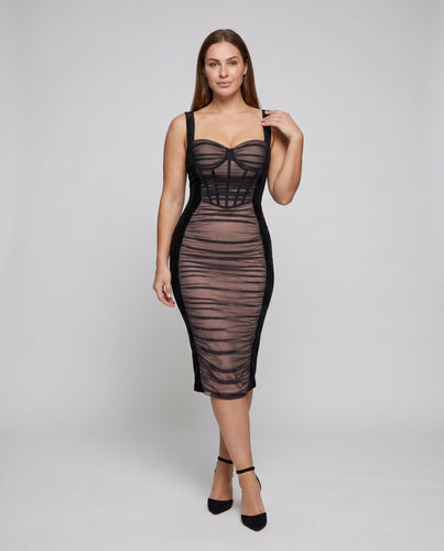 Damen figurbetontes Midi-Kleid mit transparenten Elementen und eleganten Schnürdetails R&B